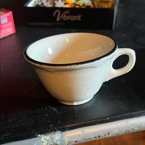Vintage White Ceramic Teacup with Black Rim
